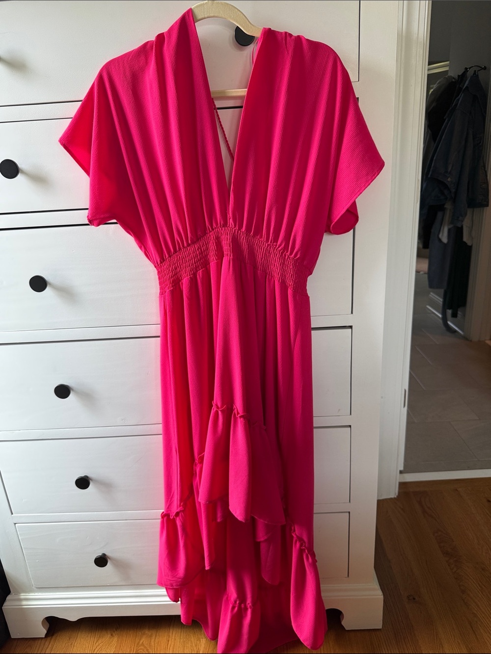 Hot Pink V-Neck Tiered Maxi Dress
